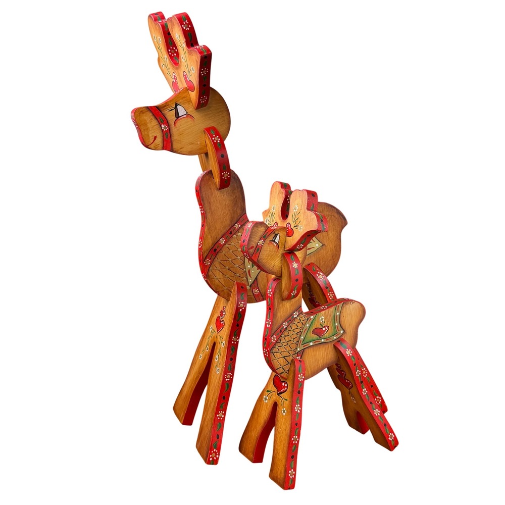 Hand painted Reindeer Christmas Doe Fawn, Scandinavian Heart Folk Nesting Puzzl